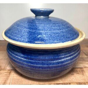 Blue Speckled Pottery Apple Baker, Round Apple Baking Dish, Signed by Maker